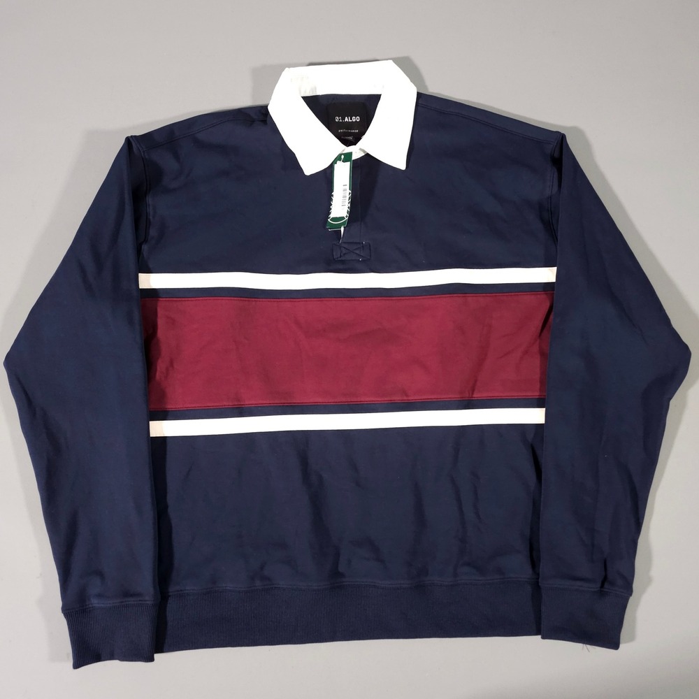 01.Algo Rugby Polo Mens L Navy Clubhouse Colorblock Long Sleeve Shirt
